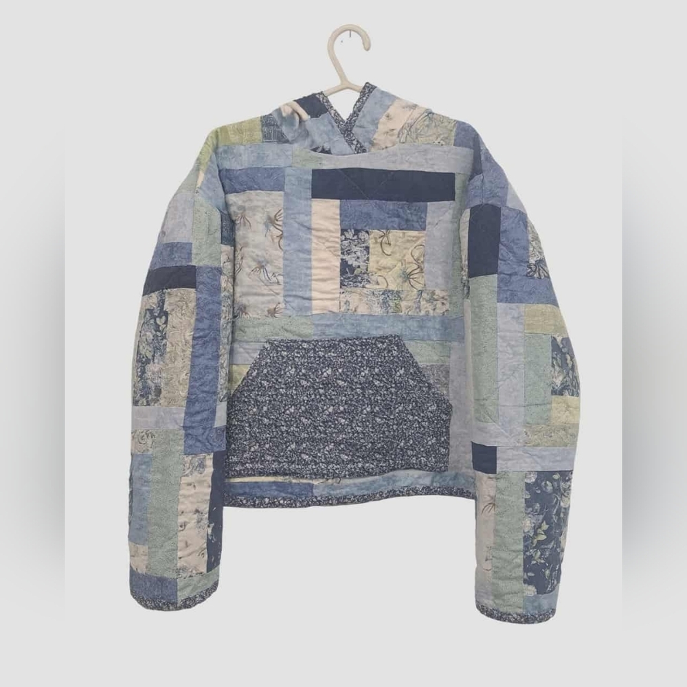 Handmade Quilted Patchwork Hooded Sweater in Blue & Green